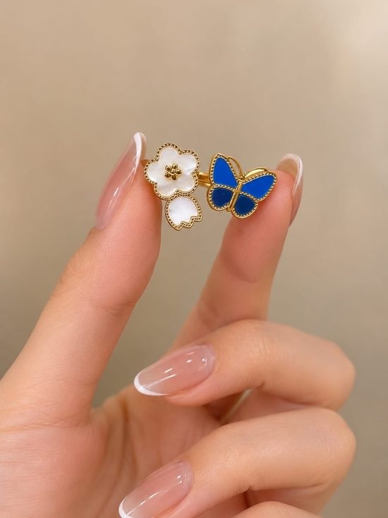 Anthropologie Jewelry - Gold Floral and Blue Butterfly Enamel Stud Earrings